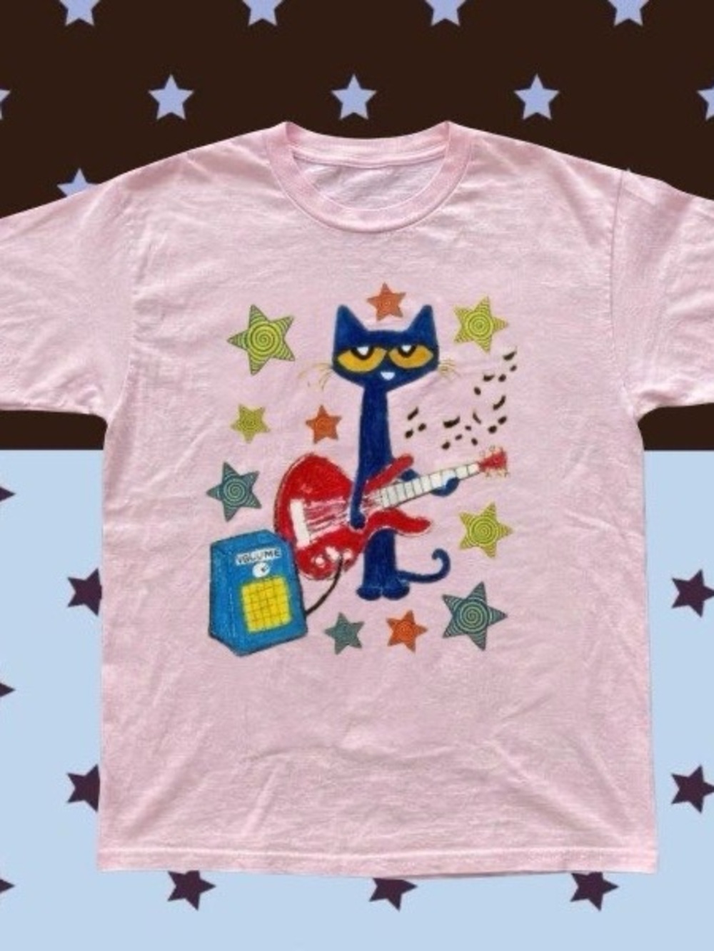 Gildan Light Pink Pete The Cat tee with cat playing guitar graphic